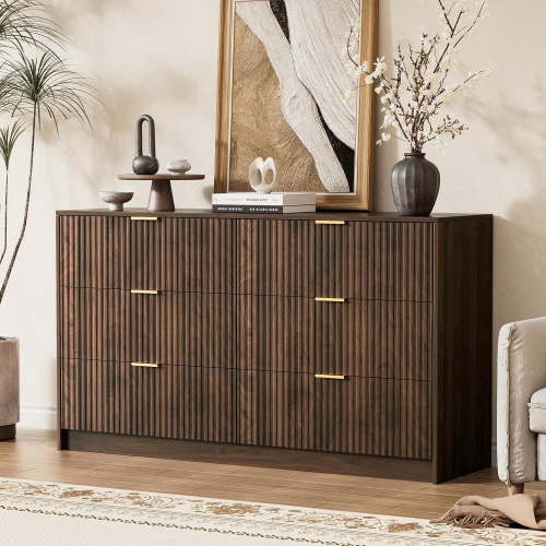 FURNIWAY 6 Drawer Dresser for Bedroom, 55" Wide Modern Chest of Drawers with Gold Metal Handles, Fluted Wood TV Stand for Living Room, Hallway, Walnut