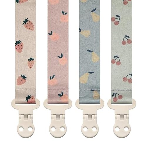 Stadela Baby Pacifier Clip Holder - Girl or Boy Unisex 4 Pack Gift Set – Summer Peaches Strawberies Cherries Pears (Fruits)