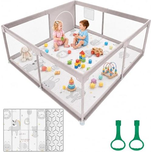 ZEEBABA Baby Playpen with Mat, Small Playpen with Soft Mat for Babies and Toddlers, 47×47inch Play Pen Playards Safety Gate Fence Active Center Indoor
