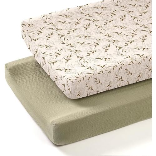 lulumoon Muslin Changing Pad Cover: 2-Pack Soft Breathable Cotton Boho Neutral Print for Baby Girls Boys - Nursery & Baby Shower
