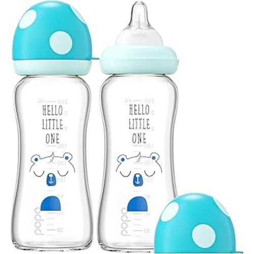 YOHKOH Natural Glass Baby Bottle with Natural Response Nipple, Newborn Anti-Colic Baby Bottles, Wide Neck Mushroom Cap Baby Bottle, Clear (8.8ounce (Pack of 2), Blue1)