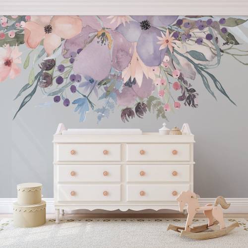 WILD SPRING GARDEN 02 Border Frame Pink Lavender Flowers Wall Mural Watercolor Peonies Blossoms Wall Decals Removable