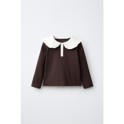 RIB PETER PAN COLLAR T-SHIRT - Brown | ZARA United States