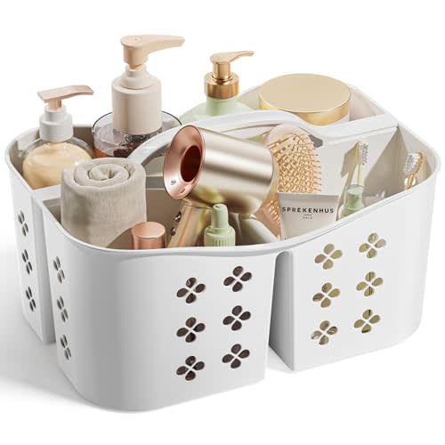 Portable Shower Caddy with Handle, Large Capacity Shower Basket Organizer, Quick-Drain Bathroom Storage Tote, Durable Plastic Shower Organizer for College Dorm, Beach, Gym, Travel Essentials, White