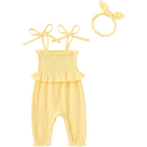 YOUNGER TREE Newborn Baby Girl Clothes Summer Sleeveless Smocked Romper with Headband Toddler Jumpsuit Outfits