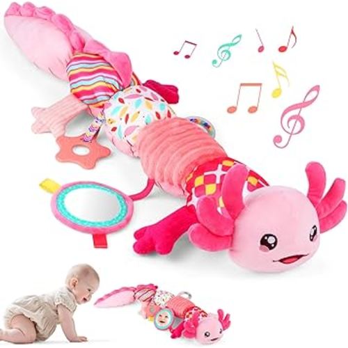 Baby Girls Toys 0-6 Months,Infant Sensory Caterpillar Pink Axolotl Baby Musical Rattles Tummy Time Toys for 0 3 6 9 12 Months Stuffed Plush with Crinkle, Mirror,Teether for Newborn Shower Gifts