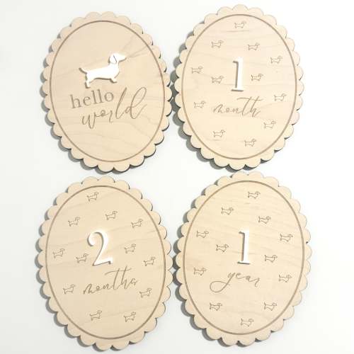 Dachshund Baby Wooden Monthly Milestone - Hello World Scalloped
