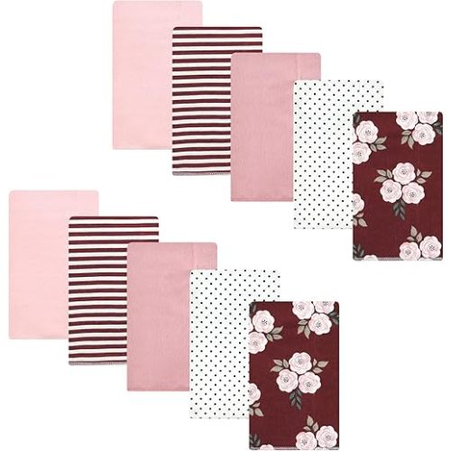 Hudson Baby Unisex Baby Cotton Flannel Burp Cloths, Burgundy Floral, One Size