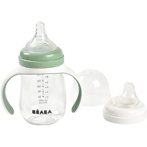 BEABA 2-in-1 Baby Bottle to Transition Sippy Cup, No Spill Sippy Cup, Includes Removable Handles, Silicone Baby Bottle Nipple and Soft Spout, 7 oz (Sage)