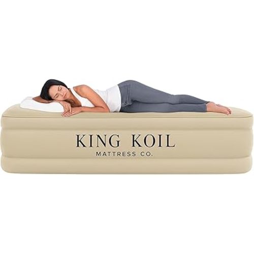 King Koil Plush Pillow Top Twin Air Mattress with Built-in High-Speed Pump for Camping, Home & Guests - 20” Twin Size Airbed Luxury Inflatable Blow Up Mattress, Waterproof, 1-Year Warranty