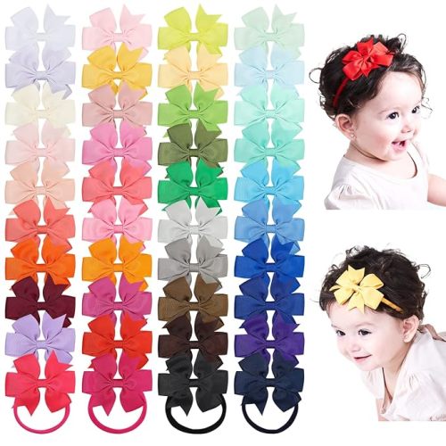 jollybows 40pcs Baby Girls Grosgrain Ribbon Hair Bows Headbands 3" Hair Band Hair Accessories for Infants Newborn Toddler