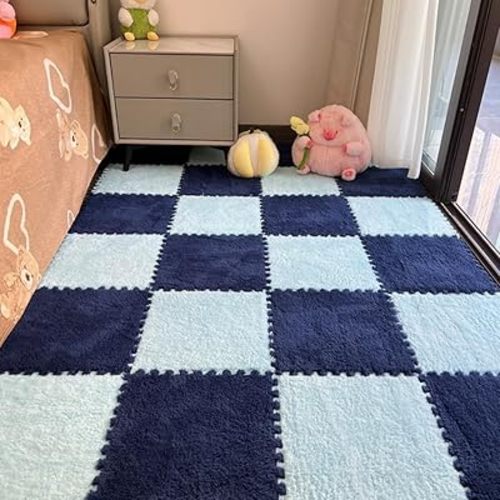 12Pcs Interlocking Carpet Tiles,12"x 12" Plush Interlocking Foam Carpet Tiles with Border,Fluffy Play Mat Floor Tiles Thick Padded Squares Foam Tiles for Playroom Decor (Light Blue+Navy)