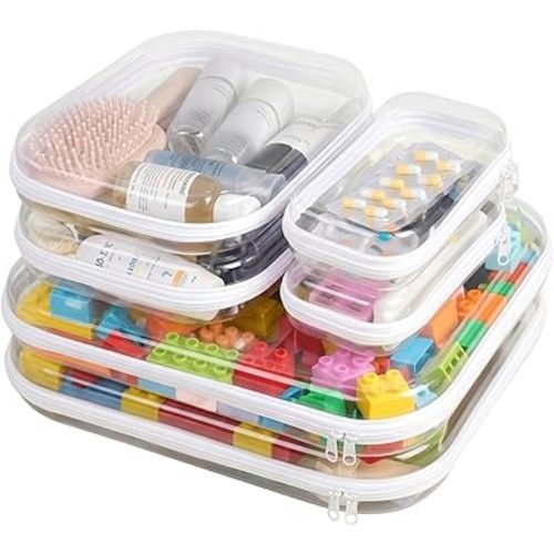 6 Pack Clear Hard Shell Zipper Case, See-Through Hard Plastic Organizer Pouches Zipper for Travel - Toiletries, Electronics, Pencils, Makeup, Secure Storage Design, 3 Sizes (2 Small/2 Medium/2 Large)
