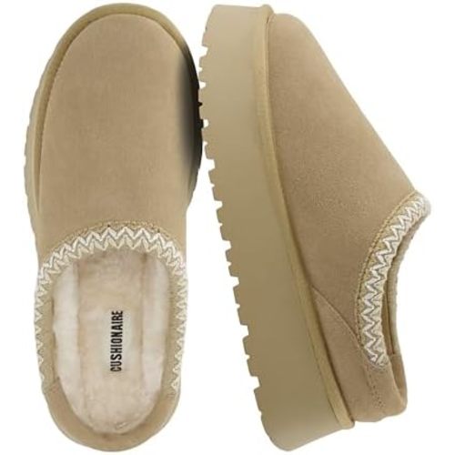 CUSHIONAIRE Kabuki Platform Boots Genuine Suede Fuzzy Mule Slippers for Women with Memory Foam | Indoor/Outdoor Womens Slippers | Wide Widths Available