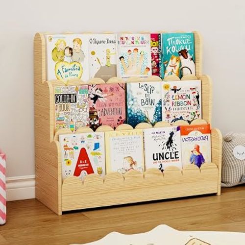 3-Tier Kids Bookshelf, Scalloped Montessori Bookshelf for Toddler and Baby, Small Childrens Bookcase, Solid Wood Book Shelf for Kids Room, Nursey, Playroom and Classroom, Natural