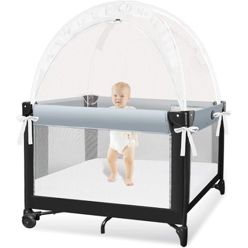 Pack N Play Tent - Mini Crib Tent to Keep Baby from Climbing Out - Crib Net to Keep Baby in - Pop Up Breathable Cribs Cover - Canopy with Upgrade Strong Mesh and Durable Zipper (White, Small)
