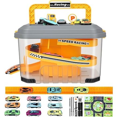 Toy Car Track Storage Playset - Toddler Toys for Ages 2-4, Car Track Set Including 12 Diecast Cars, PlayMat, Race Tracks, Car Ramp, Kids Birthday Gift for 2 3 4 5 Year Old Boys