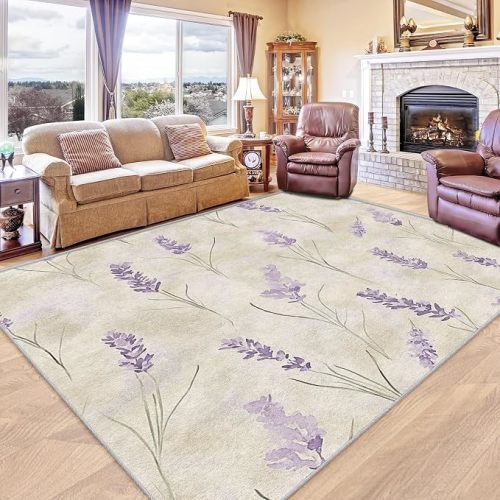 Lavender Floral Area Rug - Lavender Flower Rug, 3x5 Rug, Purple Floral Area Rug & Room Decor, Flower Carpet & Home Decor, Washable Non Slip Anti Skid Rugs