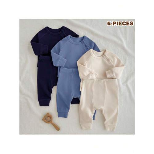 Loomiva 6pcs Newborn Baby Boy/Girl Solid Color Knit Soft Round Neck Long Sleeve Pullover Top & Elastic Waist Long Pants Set 2p Infant Set Baby Set Autumn Winter Season Neutral Baby Clothes Baby Unisex Clothes Sets Infant Set | SHEIN