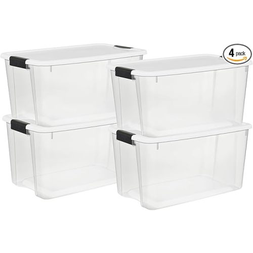 Sterilite 4 Pack Ultra Latching Box, Storage Bins with Lids, Clear Plastic, 70 Quart - Heavy-Duty Organizing Containers for Closet, Bathroom, and Office