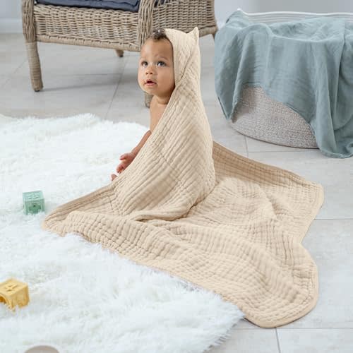 Comfy Cubs 2 Pack Baby Hooded 9 Layer Muslin Cotton Towel for Kids, Large 32” x 32”, Ultra Soft, Warm, and Absorbent. Baby Essentials Bath Towels, Cute Unisex Cover for Girls and Boys (2 Pack, Sand)