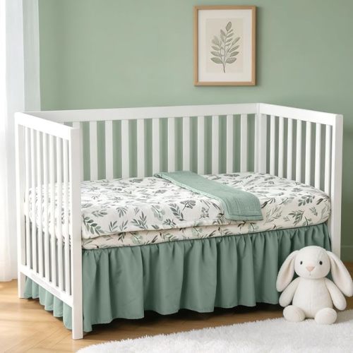 Organic Cotton Muslin Baby Crib Bedding Set 3 Piece Soft for Infant Newborn Toddler Boys Girls 52"x28", Nursery Bed Quilt Set Decor with Fitted Crib Sheet, Leaves Quilted Comforter Blanket, Bed Skirt
