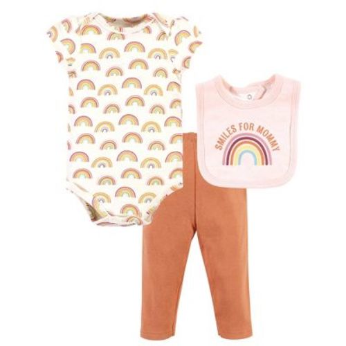 Hudson Baby Infant Girl Cotton Bodysuit, Pant And Bib Set, Sunshine Rainbows, Newborn