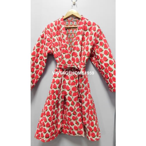 Strawberry Print Women Cotton Quilted Robe, Bridesmaid Reversible Kimono, Block Printed Quilted Coat, Long Jackets For Winter, Gift For Her