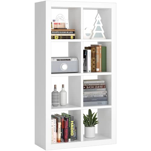furtble Bookshelf 8-Cube Storage Organizer, Modern Wood Open Bookcase, Multifunctional Display Shelf for Living Room, Bedroom, Home Office, White