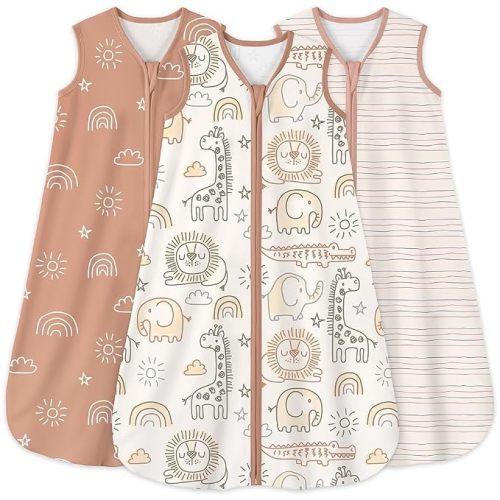 Yoofoss Baby Sleep Sack 6-12 Months 0.5 Tog Wearable Blanket for Baby, 3 Pack 100% Organic Cotton Infant Toddler Sleeping Sack 2-Way Zipper Lightweight Sleep Sack (Brown Animals)
