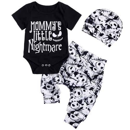 Cemion Night Christmas Baby Mommy's Little Nightmare Letter Print Bodysuit Pants and Hat Outfit Set Newborn to Infant
