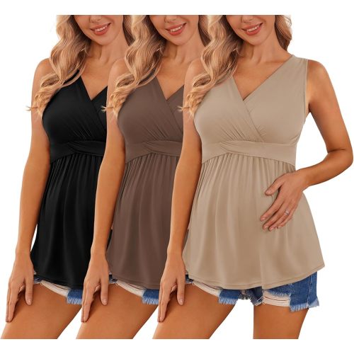 Ekouaer Women's Maternity Tank Tops 3 Packs Sleeveless Nursing Tops V Neck Breastfeeding Shirts Pregnancy Clothes