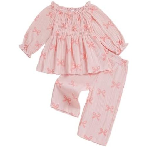 Baby Girl Cotton Linen Clothes Bow Flower Print Ruffle Long Sleeve Smocked Shirt Top Wide Leg Pants 2Pcs Fall Clothes
