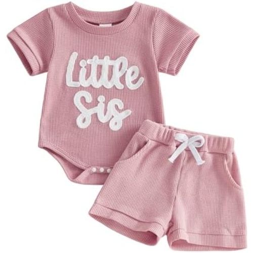 allshope Newborn Baby Girl Summer Outfit Romper Little Sister Lil Sis Embroidery Jumpsuit Tops Shorts Infant Waffle Clothes
