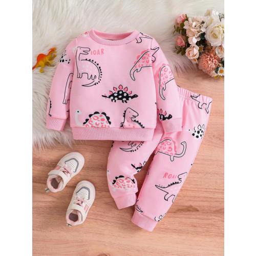 2pcs/Set Baby Girls' Cute Dinosaur Print Long Sleeve Sweatshirt And Pants Casual Sports Outfit, Fall/Winter | SHEIN USA