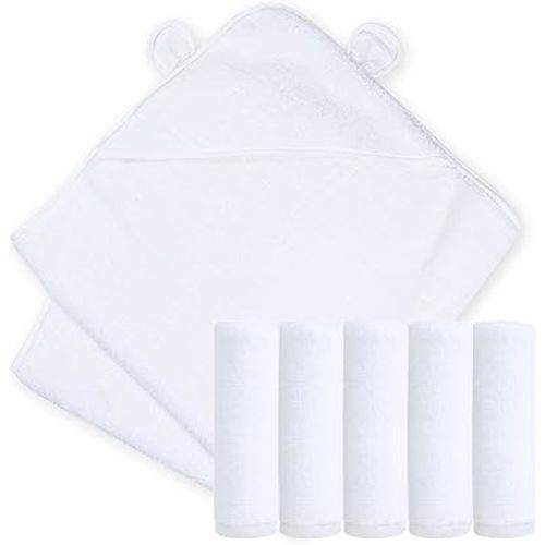 Natemia Organic Hooded Baby Bath Towel + 12”x12” Soft Cotton Baby Towels - Pack of 5 - Ultra Soft Cloud Touch Cotton - White