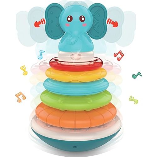 PlenPLAY Baby Tummy Time Toys - Musical Stacking Rings for Toddlers 1-3, Sensory Learning Toys with Elephant Themed Stackable Rings