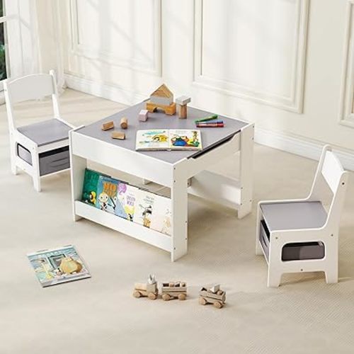 Kids Table and Chair Set, 4 in 1 Wooden Activity Table with Detachable Tabletop, Toddler Table and Chair Set with Storage Drawer/Bookshelves, Kids Play Table for Art, Drawing, Eating, Reading