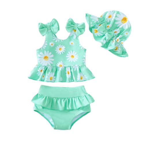 KIMI BEAR Infant Baby Girls Swimsuit Sets 12-18 Months Sleeveless Bows Off the Shoulder Top Floral Tank Top Solid Color Ruffle Shorts with Hat 3pcs Bathing Sets Green