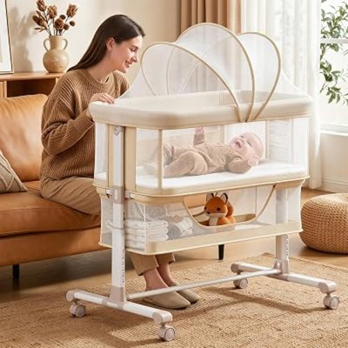 Baby Bassinet Bedside Sleeper with Wheels, 6 Height Adjustable Newborn Bedside Cradle with Full Breathable Mesh Canopy, Storage Basket, Washable Cover, Safety Straps, Easy to Assemble