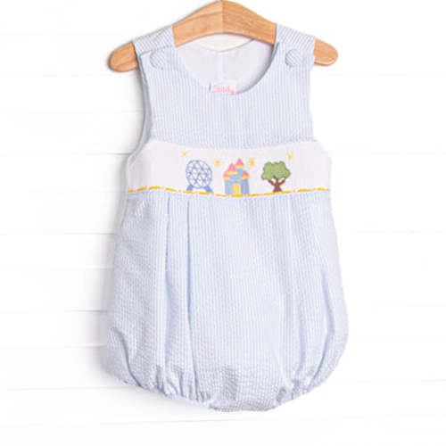 Amusement Park Adventures Smocked Bubble, Blue Seersucker – Stitchy Fish
