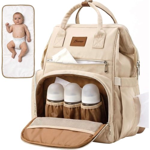 Baonee Diaper Bag Backpack with Wet/Dry Pocket, Changing Pad, 27L Beige