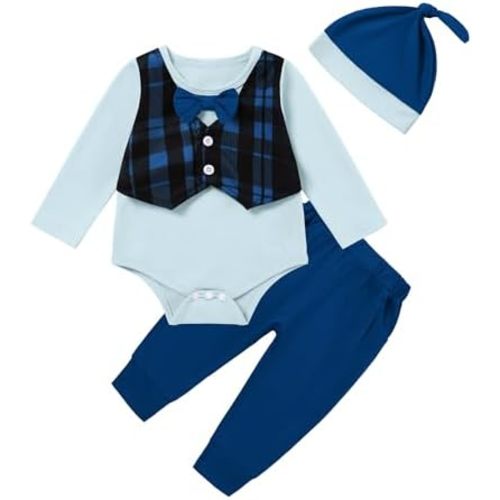 Latnnut Newborn Baby Boy Clothes Christmas Outfit Long Sleeve Gentleman Suit Faux Vest Romper + Hat + Pants Clothes Set