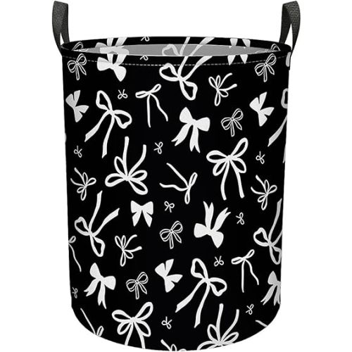 Black White Bow Large Laundry Basket Foldable with Handles Waterproof Oxford Cloth Laundry Hamper Clothes Storage Bucket Toy Organizer for Home Bathroom Bedroom Dorm Nursery 19.7" X 15.7"