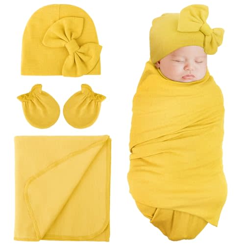 DRESHOW BQUBO Newborn Receiving Blanket Bow Hat Gloves Set Cotton Warm Baby Swaddle Blanket Wrap Baby Sleep Sack Shower Gift