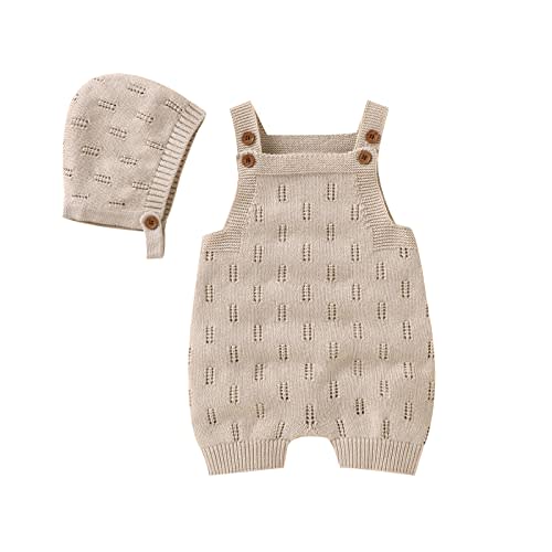 LAWKUL Baby Knit Romper Sleeveless 100% Cotton Jumpsuit with Hat Newborn Outfits Overall Bodysuit One Piece 2pcs