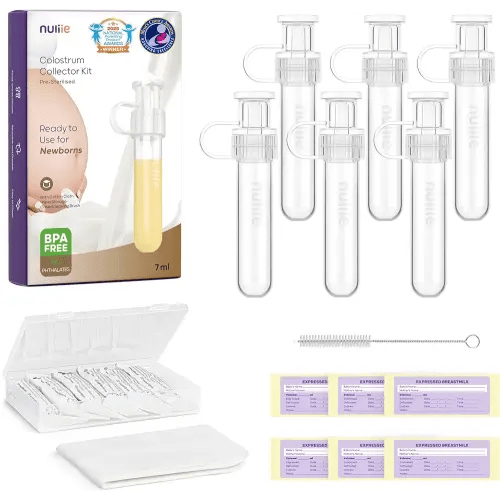 Nuliie Colostrum Collector Kit 7ml/6pcs, Leakproof, Reusable Breast Milk Collector, Heat & Freezer Resistant, BPA-Free, With Cotton Cloth Wipe, Storage Case, Cleaning Brush - Ready-to-Use for Newborns