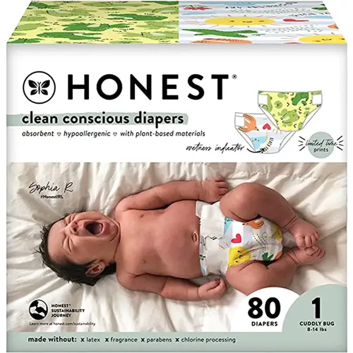 The Honest Company Clean Conscious Diapers | Plant-Based, Sustainable | Spring '23 Limited Edition Prints | Club Box, Size 1 (8-14 lbs), 80 Count