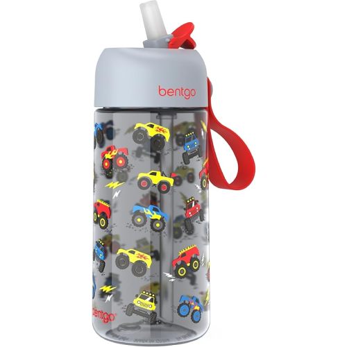 Bentgo Kids Water Bottle - Leak-Proof, Durable Tritan, BPA-Free 15 oz. Cup for Kids/Toddlers Ages 3+, Bite & Sip Spout, Carrying Handle, & Dishwasher Safe for School, Sports, Daycare & Camp (Trucks)