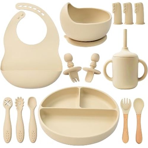 Silicone Baby Feeding Set 14 Pcs, Baby Led Weaning Set, 6M+, Beige